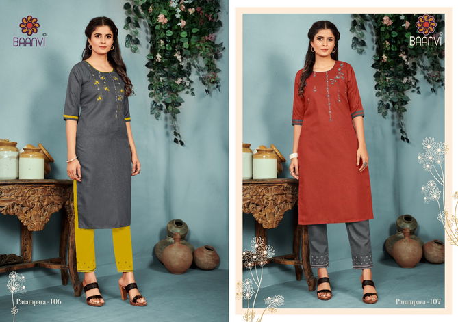 Baanvi Parampara 1 New Exclusive Wear Designer Cotton Embroidery Kurti With Pant Collection